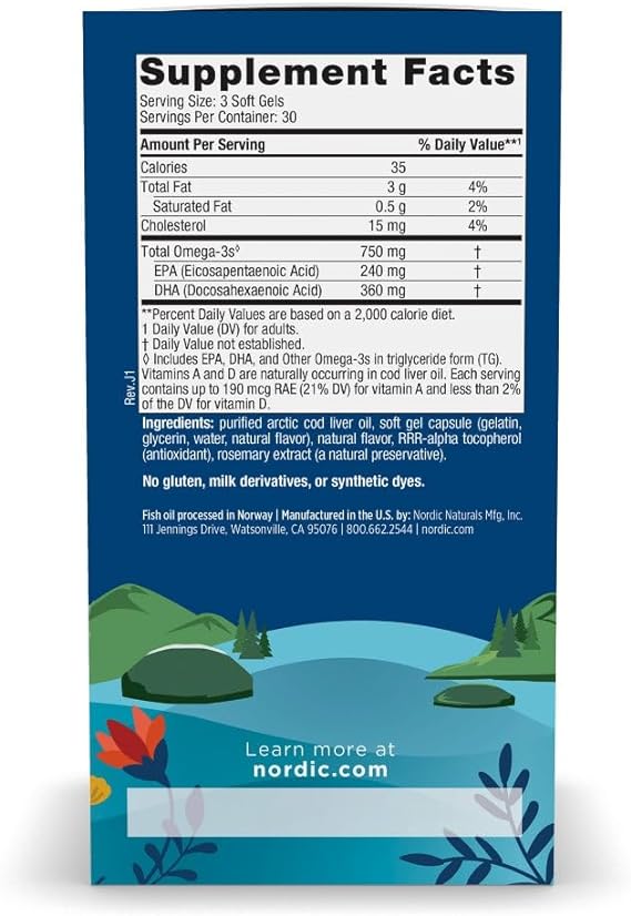 Nordic Naturals Arctic Cod Liver Oil, 750mg Lemon - 90 softgels