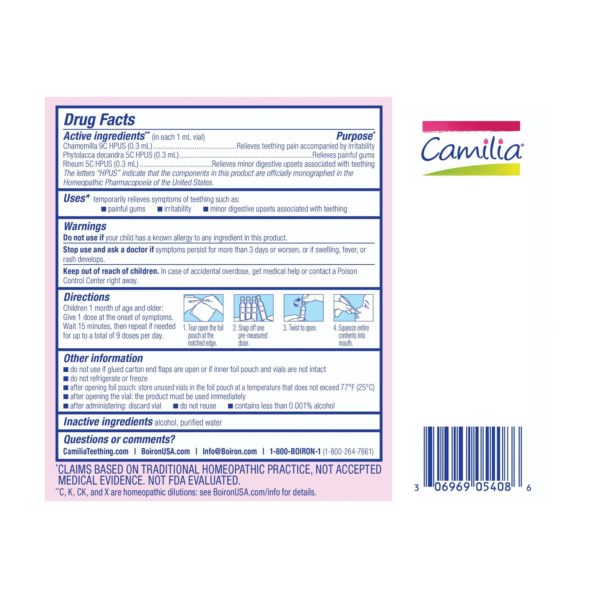 Boiron camilia teething drops ingredient facts.