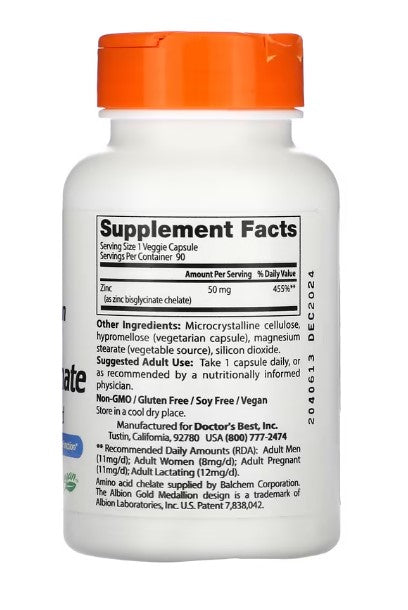 doctor's best high absorption zinc bisglycinate supplement facts
