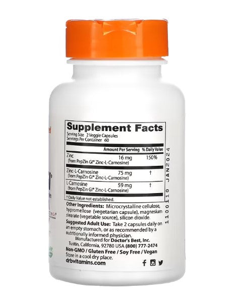 doctor's best, pepzin zinc supplement facts