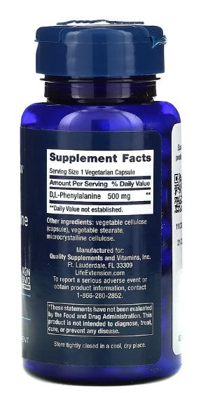life extension d l-phenylalanine 500mg 100 vcaps supplement facts