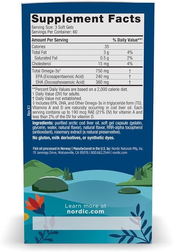 Nordic Naturals Arctic Cod Liver Oil, 750mg Lemon - 180 softgels