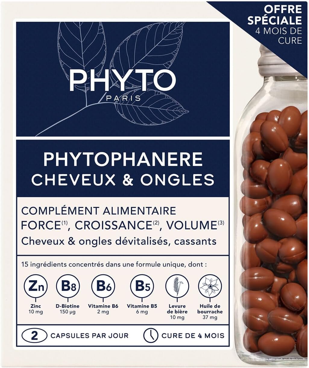 PHYTO  Phytophanere Natural Hair Loss, Nail & Skin Supplement for Men & Women, Biotin & Vitamin B6 Enriched, Antioxidant-Rich Carrot & Vitamin E, Energy & Tissue Formation, 2 and 4 Month Supply
