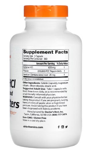 doctor's best betaine hci pepsin and gentian bitters 360 caps supplement facts