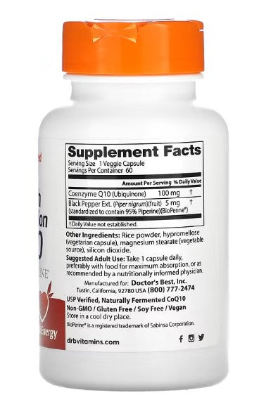 doctor's best high absorption coq10 100mg 60 veggie caps supplement facts