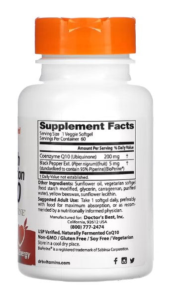 doctor's best high absorption coq10 200mg 60 veggie softgels supplement facts