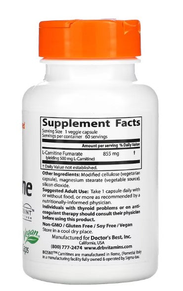 doctor's best l-carnitine fumarate to help burn body fat supplement facts