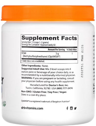 doctor's best msm with optimsm vegan powder 250g supplement facts