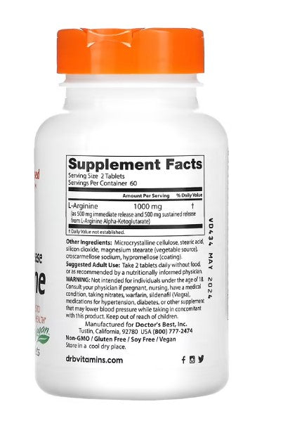 doctor's best l-arginine sustained + immediate release supplement facts