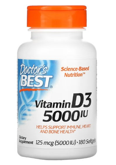 doctor's best vitamin D3. Helps support immune, heart and bone health. 125mcg. 180 softgels.