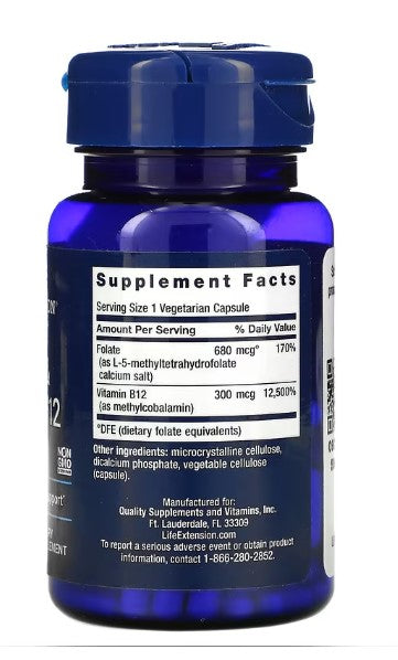 life extension bioactive folate and vitamin b12 90 vcaps supplement facts