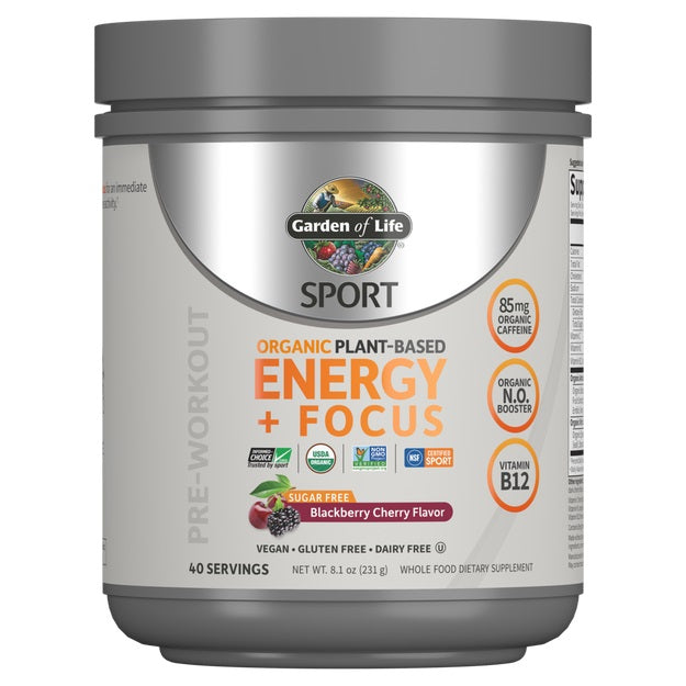 Garden of Life Organic Plant-Based Energy + Focus, Blackberry Cherry (Sugar Free) - 231g